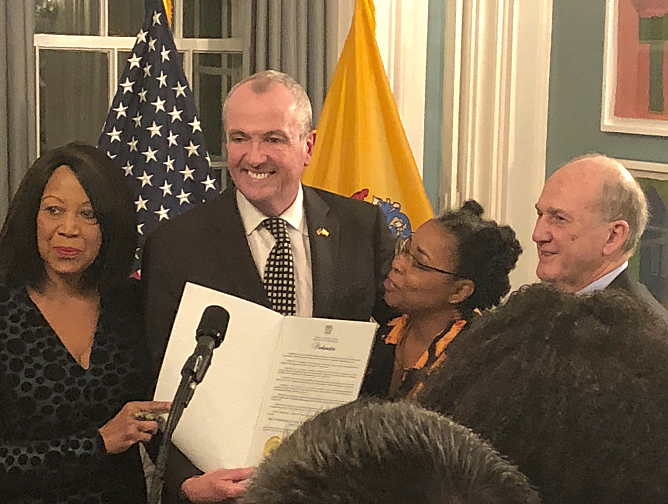Lieutenant Governor Sheila Oliver, Governor Phil Murphy, Rutgers African-American Alumni Alliance president Kendall Hall, and President Barchi at a reception